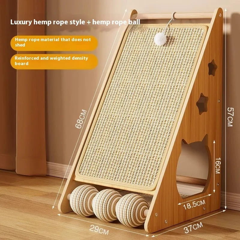 Vertical wall-mounted cat scratch board with sisal scratching surface and integrated teasing ball with hemp rope