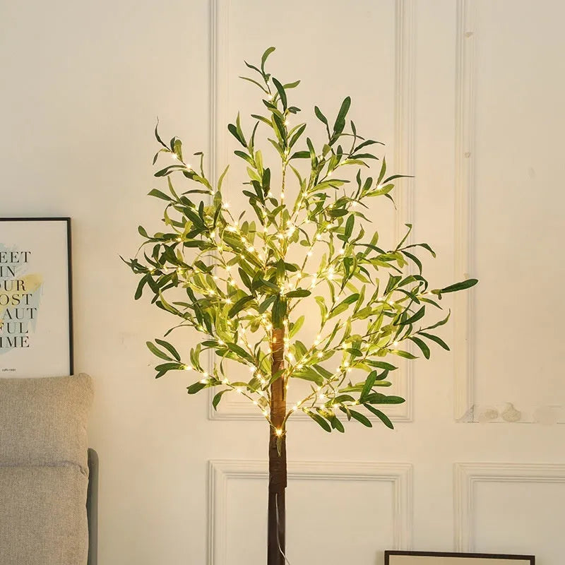 1.8 metre tall artificial olive tree lamp with warm white lights for holiday or garden decoration.