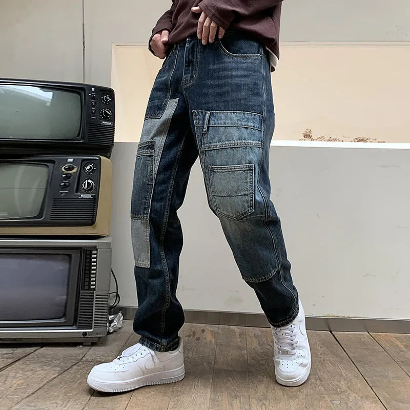 Blue loose dad jeans with multi-pockets, non-stretch cotton denim, mid-rise waist, zipper fly, long length
