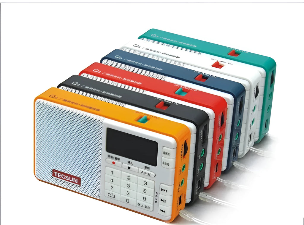 Tecsun Q3 digital audio player in one of six colours showing front display and buttons