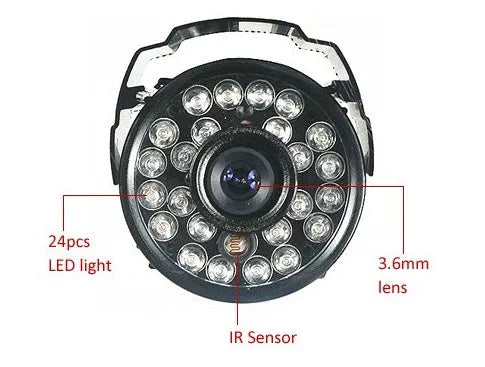 CMOS surveillance camera with 36 infrared LEDs, 1000TV lines resolution, and DC 12V power for night vision security monitoring