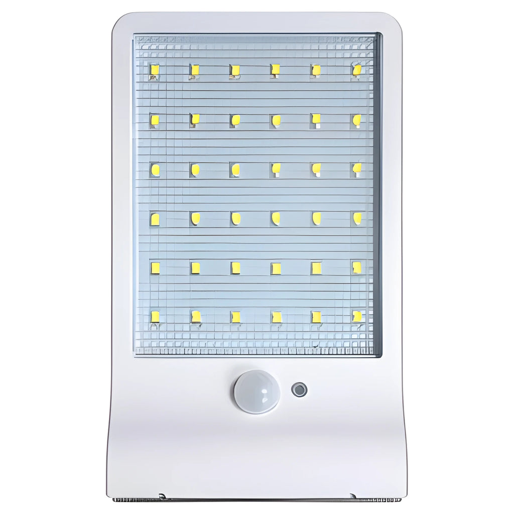 Black and white outdoor solar garden light with solar panel and IP65 waterproof rating.