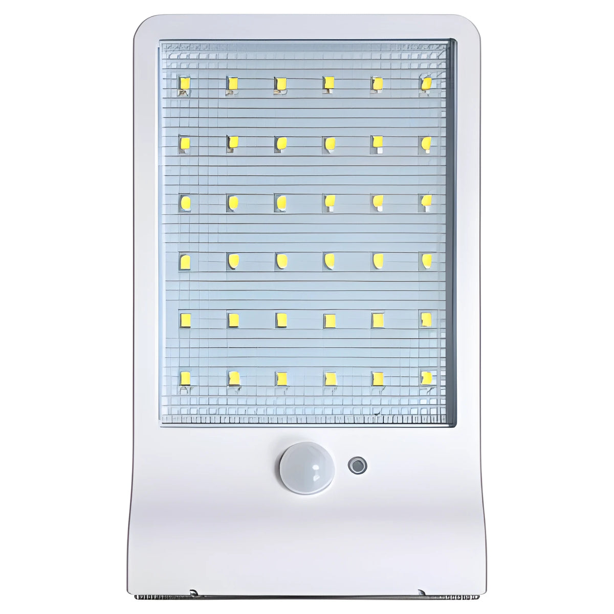 Black and white outdoor solar garden light with solar panel and IP65 waterproof rating.