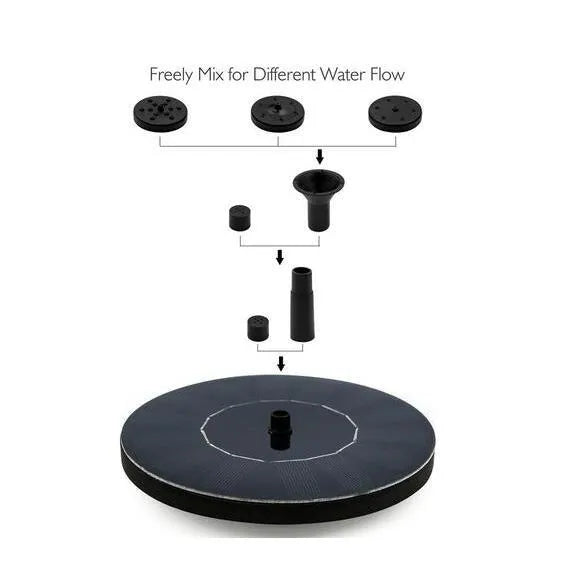 Black solar-powered water fountain pump with four spray nozzles on a 16x16cm base.