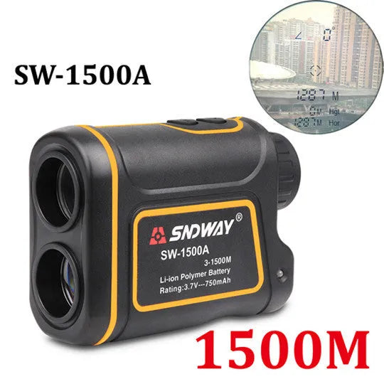 SW series handheld golf laser rangefinder showing compact black design on golf course.