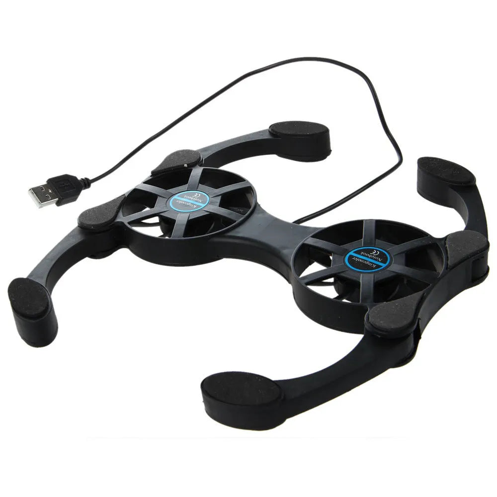 Portable folding laptop cooling stand with dual 70mm fans, black, open on desk with notebook