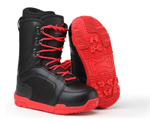 Men's black ski boots with lace-up tie closure, rubber outsole and high upper
