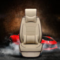 Five-seat leather car seat cushion cover set with cotton filler, shown in beige, black, brown and red options