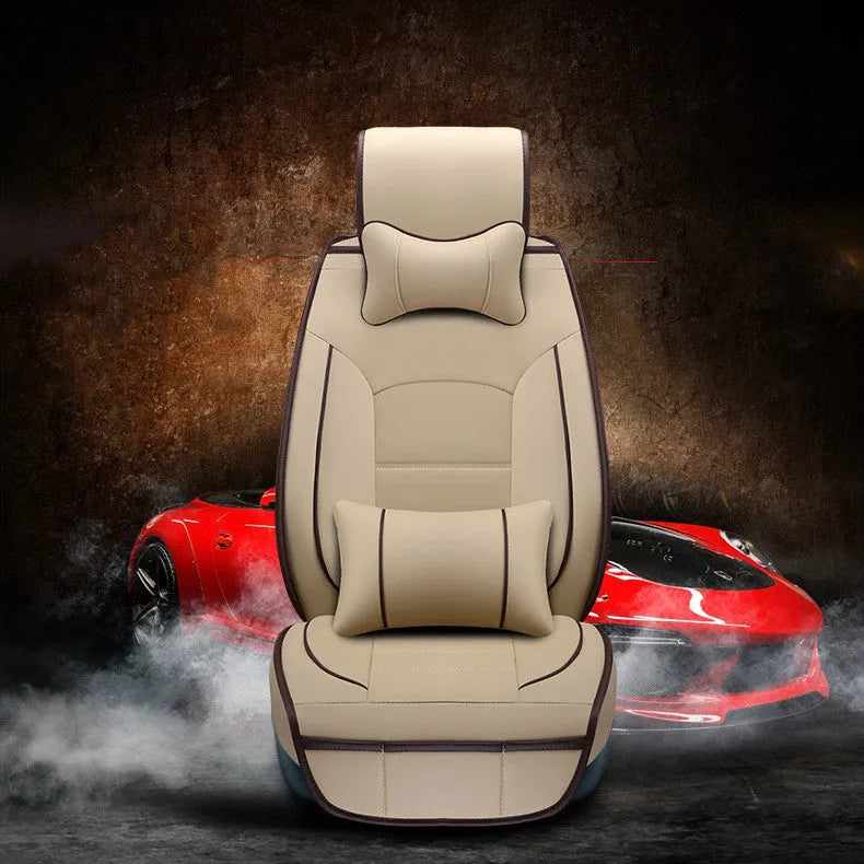 Five-seat leather car seat cushion cover set with cotton filler, shown in beige, black, brown and red options
