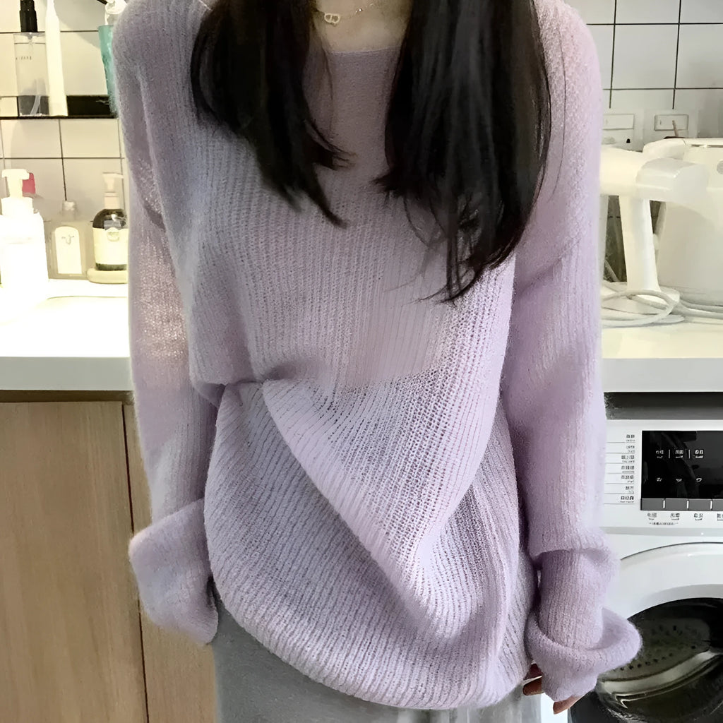 Purple women's ice silk sweater with hollow out design and princess sleeves