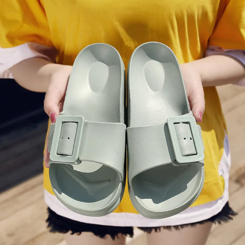 Women's buckle flip-flop slippers in multiple colours with soft EVA sole