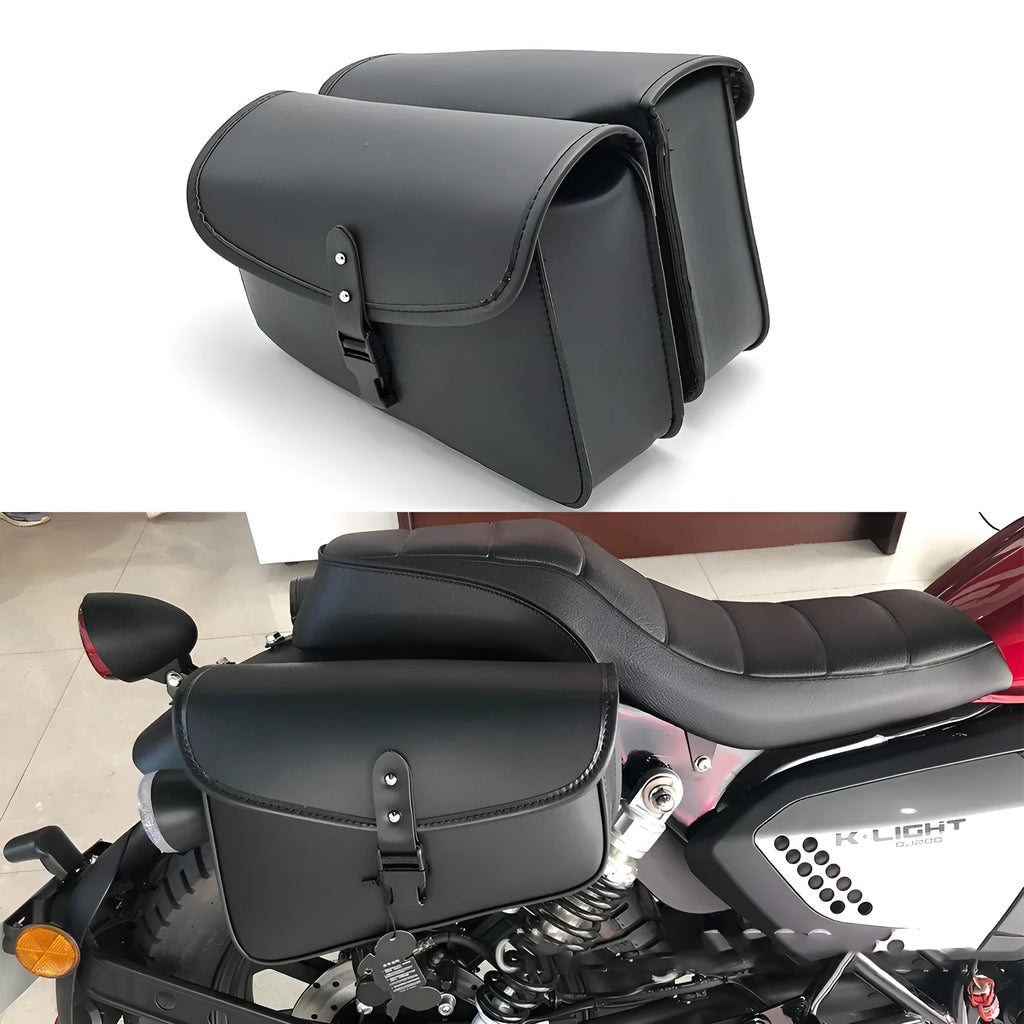 Black PU artificial leather motorcycle swingarm bag mounted on Harley Sportster
