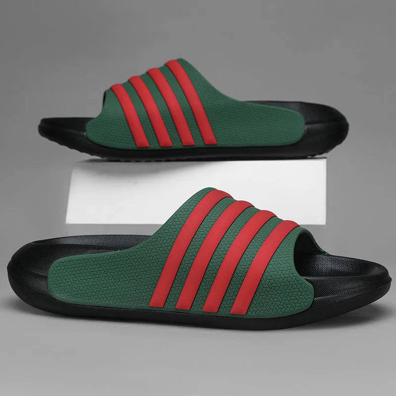 Unisex casual PVC and EVA slippers in beige, black and white, blue and white, or green colours.