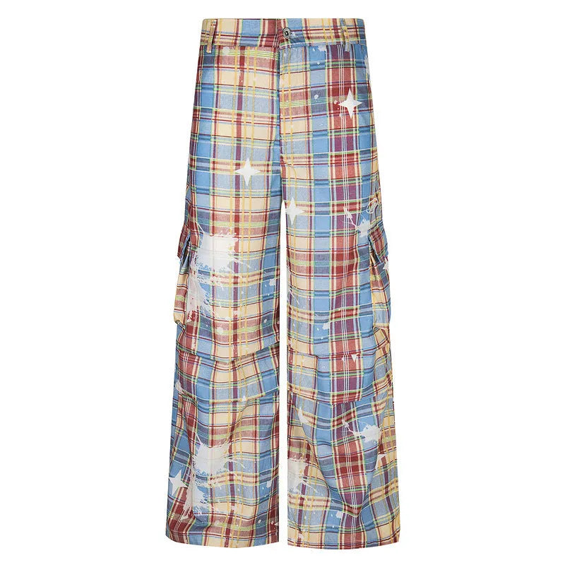 Men's blue retro plaid overalls with loose straight leg trousers on mannequin