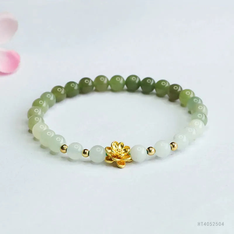 Hand-woven Hetian jade gradient bracelet with 6mm flower beads on a 17cm strand in ancient national style.