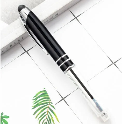 Metal capacitive stylus LED ballpoint pen in five colour options showing bullet pen head