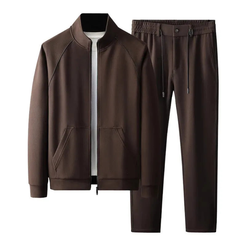 Men's stand collar slim fit casual sport suit in black with matching trousers