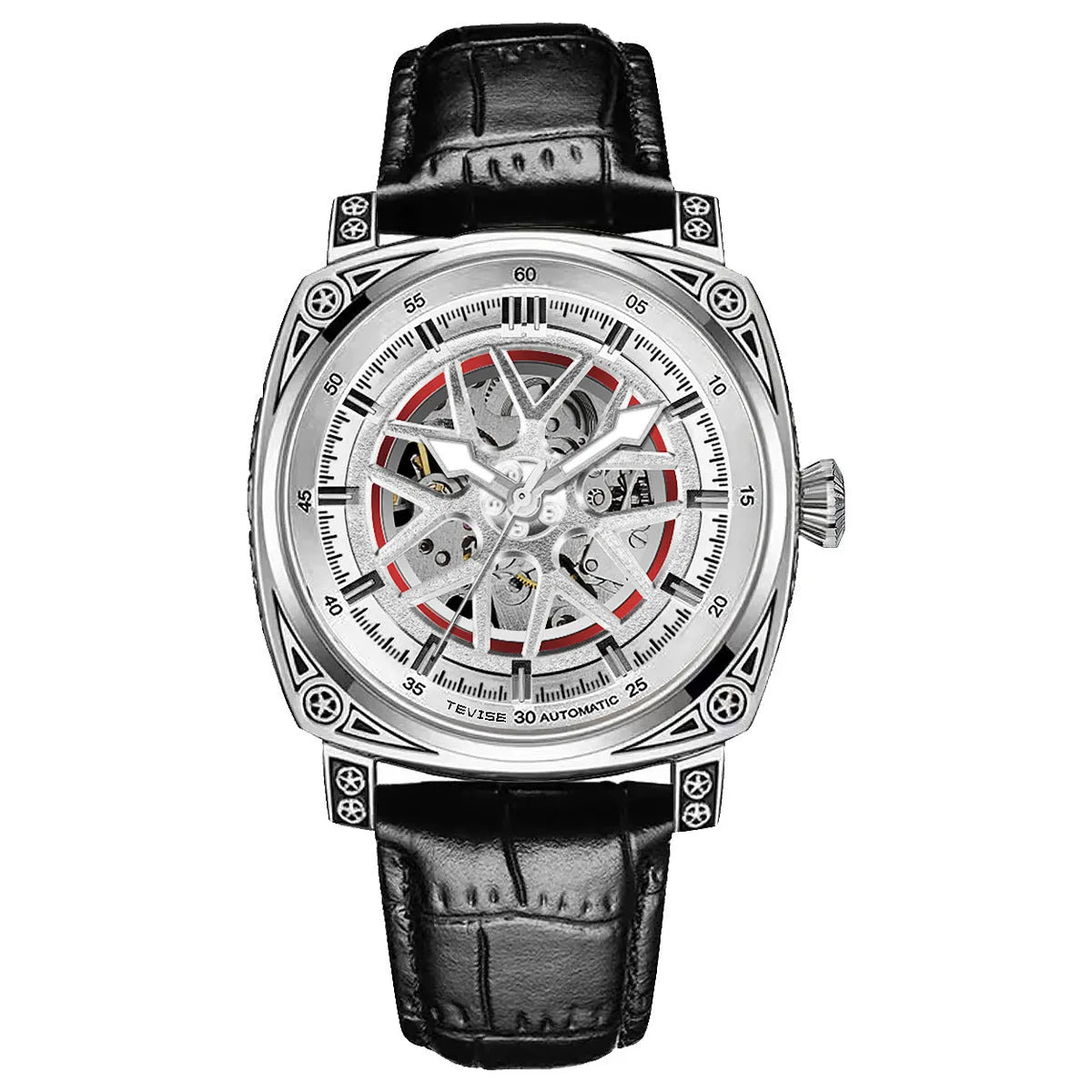 Automatic mechanical men's watch with stainless steel case and leather strap in four colour options