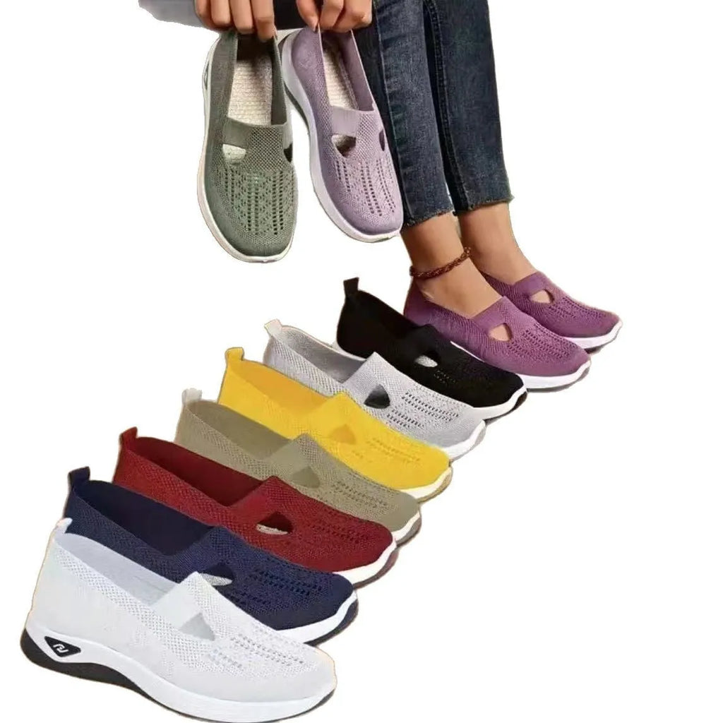 Women's low-top casual mesh shoes with a T-strap and round toe in multiple colour options.