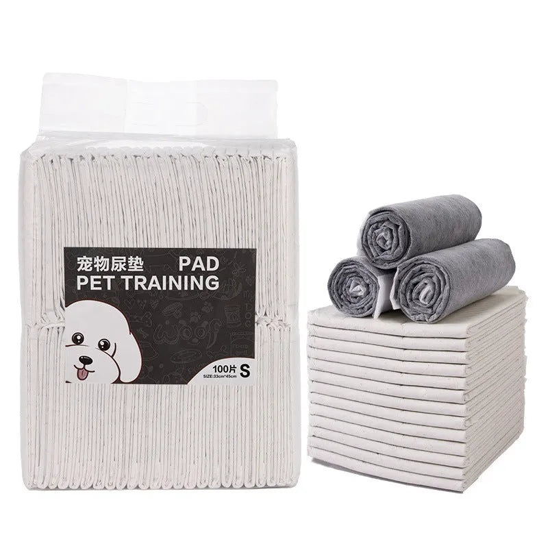 Pack of disposable pet urine pads showing different sizes and the bamboo charcoal deodorising model.