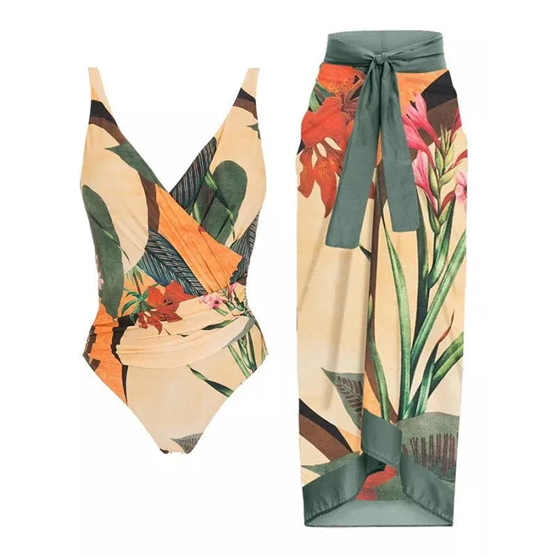 Women's solid colour one-piece swimsuit with spaghetti straps and matching removable skirt