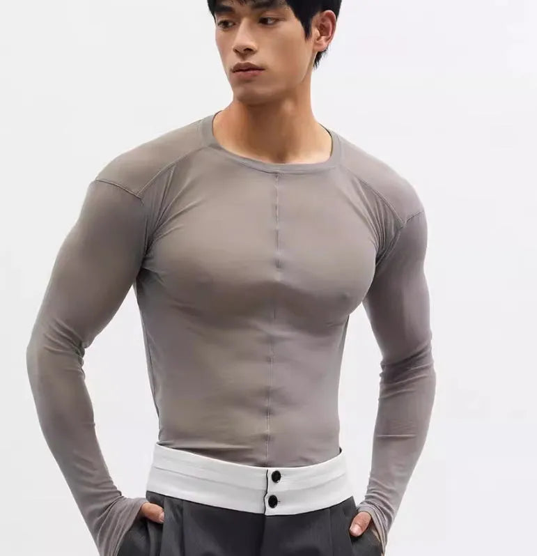 Black slim-fit long sleeve pullover with a mesh see-through texture and round collar.