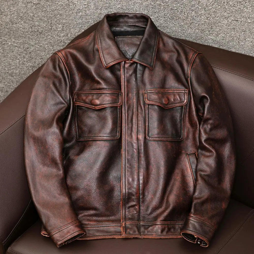 Men's black lapel collar leather jacket showing side seam pockets and loose plus size fit