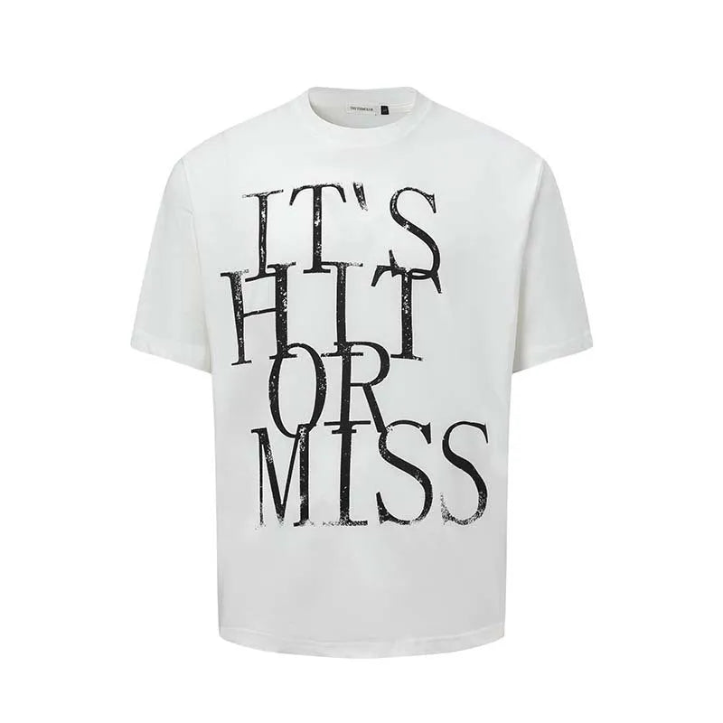 Men's loose blue t-shirt with American-style white letter print on the front.