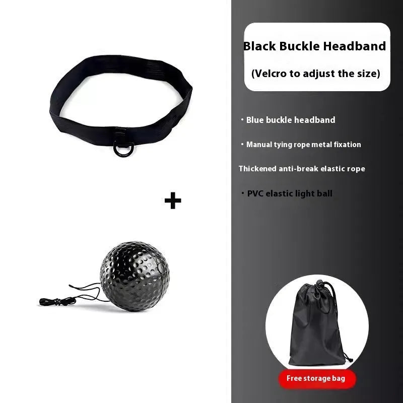 Head-mounted boxing reaction training ball set with head cover, rope, ball, and bag in black colour