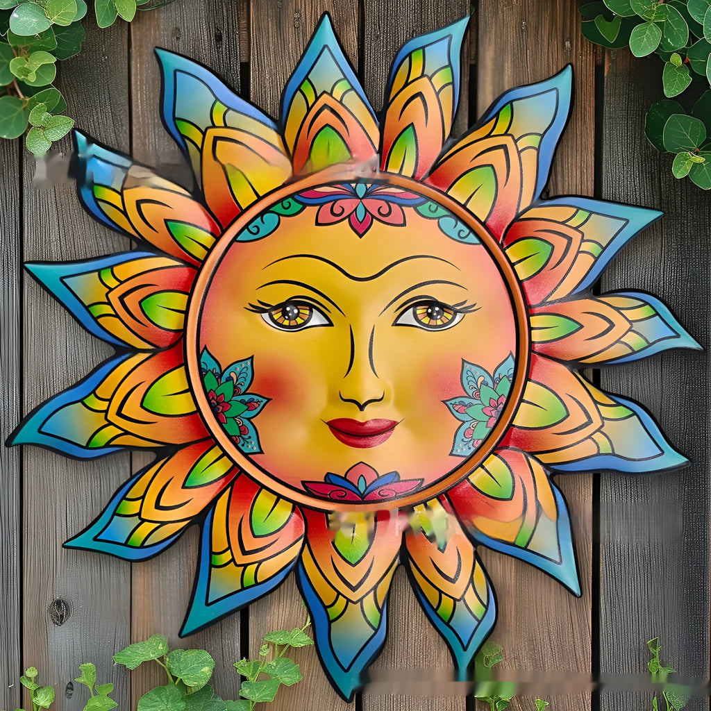 Circular iron sun face wall hanging with a diameter of 35 cm for rustic home decor.