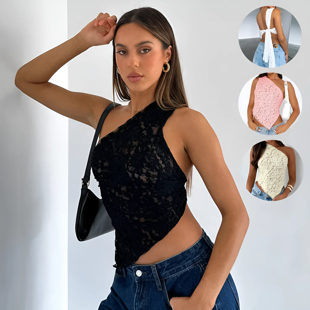 Women's lace backless sleeveless vest with asymmetrical neckline in solid colour