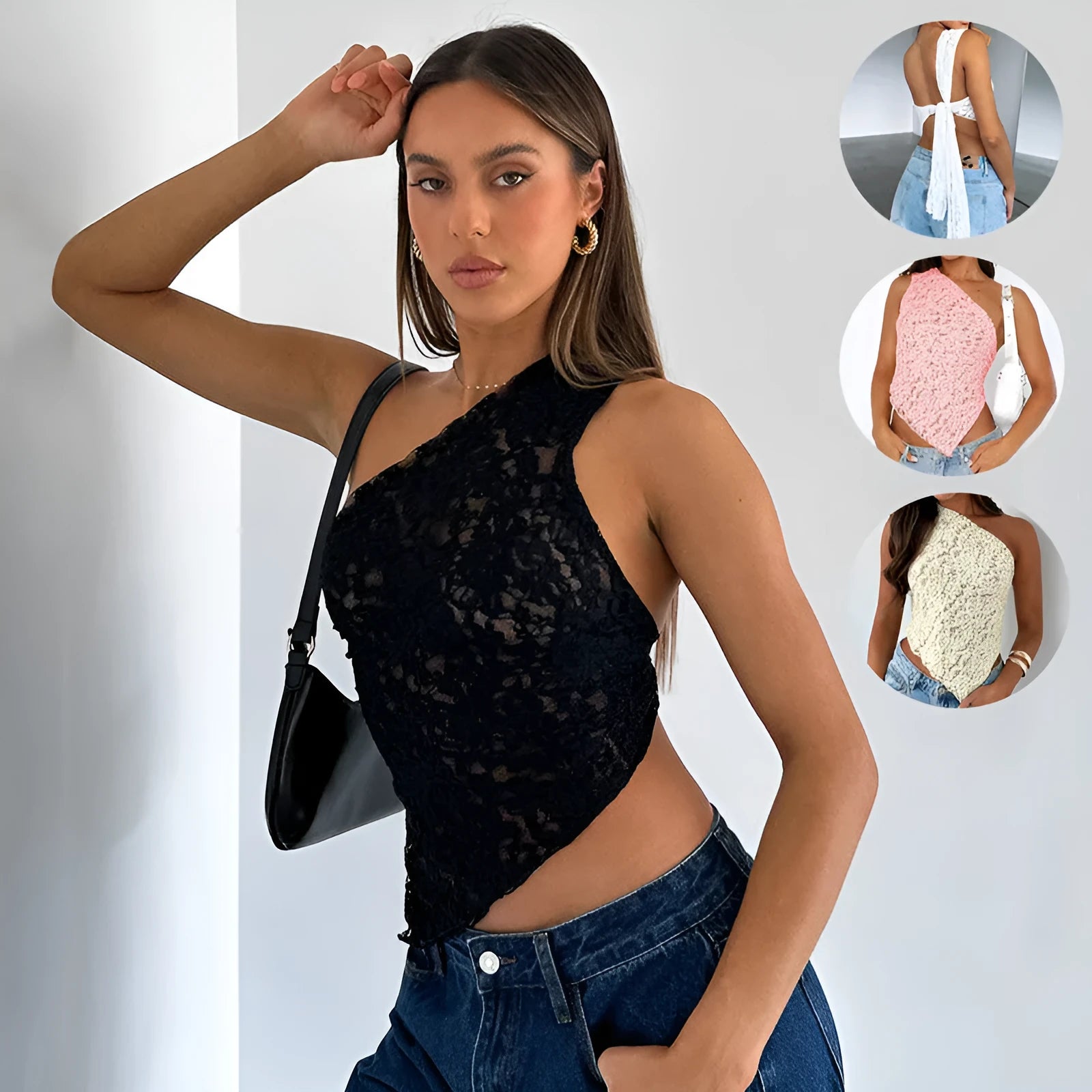 Women's lace backless sleeveless vest with asymmetrical neckline in solid colour