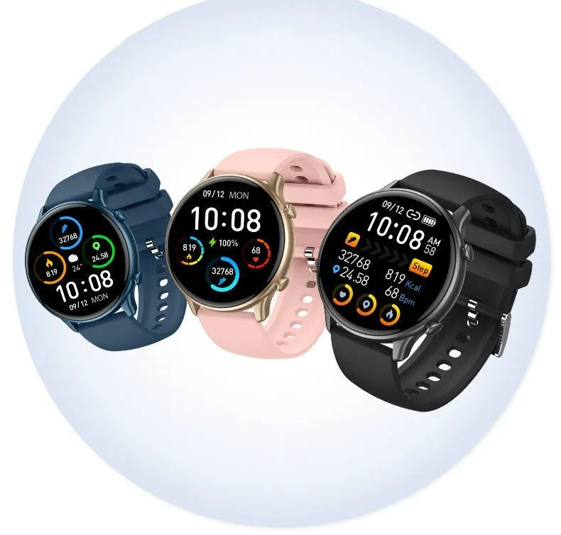 Round smart sports watch with touch screen on silicone strap showing heart rate display