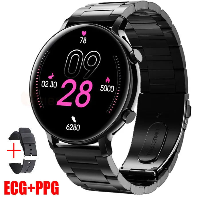 Bluetooth call smartwatch with stainless steel strap showing heart rate monitoring display