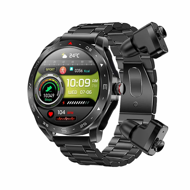 T95 Smart TWS smartwatch with black steel belt showing heart rate and time on IPS screen