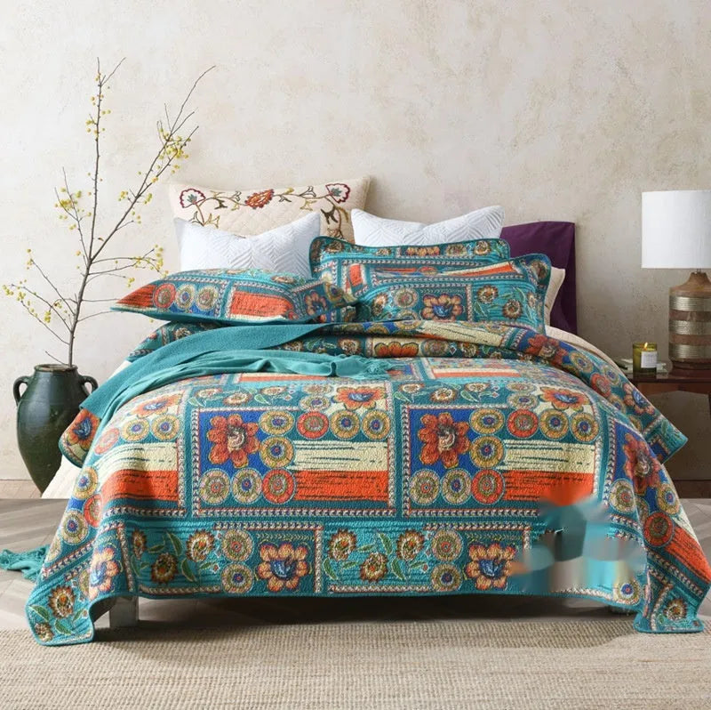 Pure cotton bedspread three-piece set with double-sided geometric patterns for 1.8 metre beds