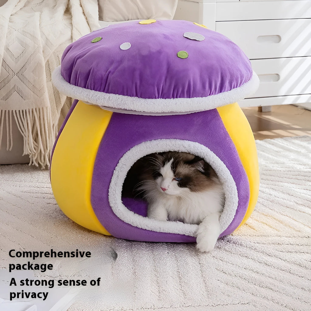 Grey mushroom-shaped cat bed with soft plush interior, shown with a cat inside.