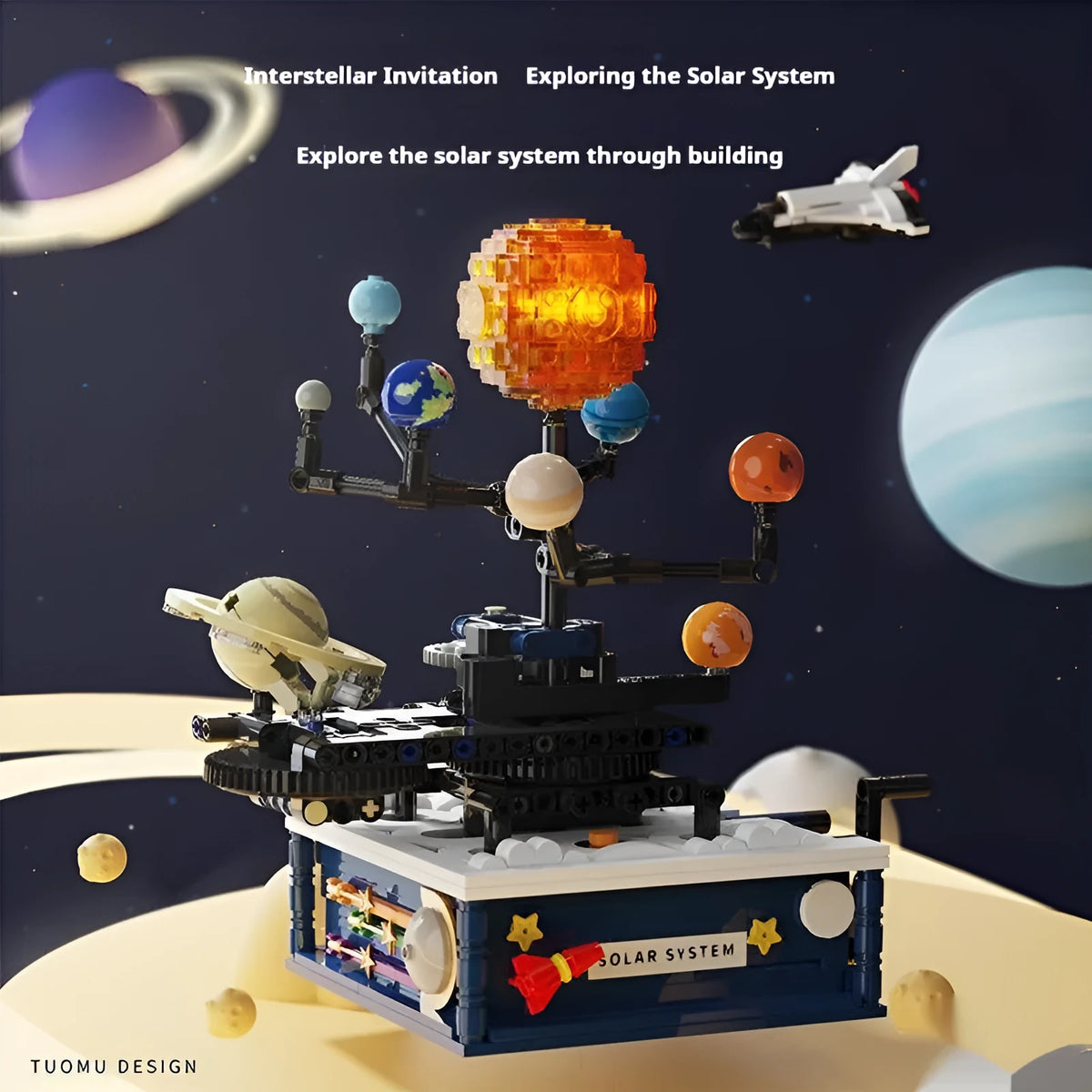 Rotating solar system model built from 775 small plastic building blocks on display