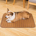 Brown woven rattan dog cooling mat showing open weave pattern for air circulation
