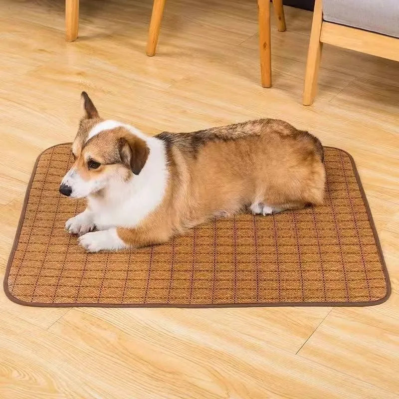 Brown woven rattan dog cooling mat showing open weave pattern for air circulation