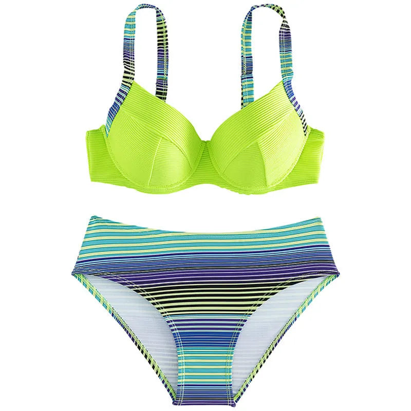Green printed halter neck bikini set with split briefs on white background