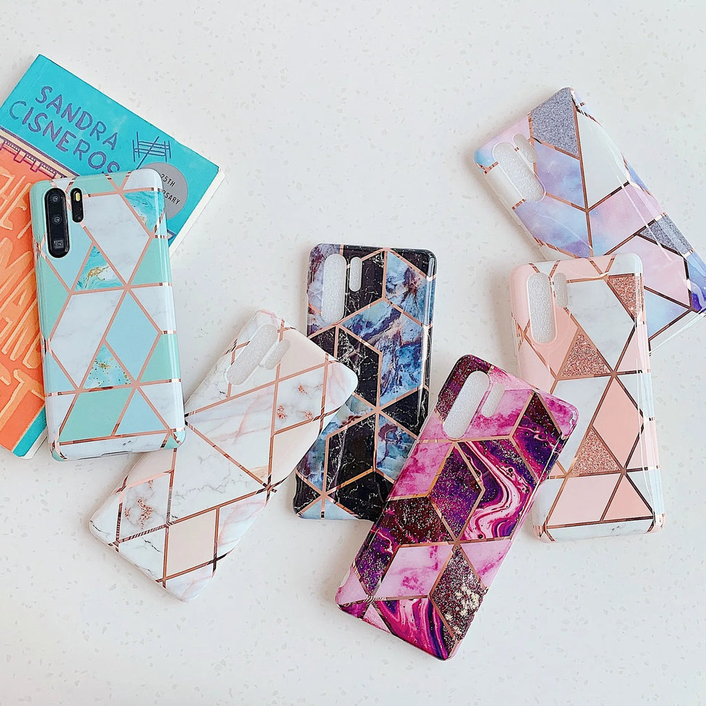 Electroplated marble phone case for Huawei and Samsung smartphones in multiple colour options