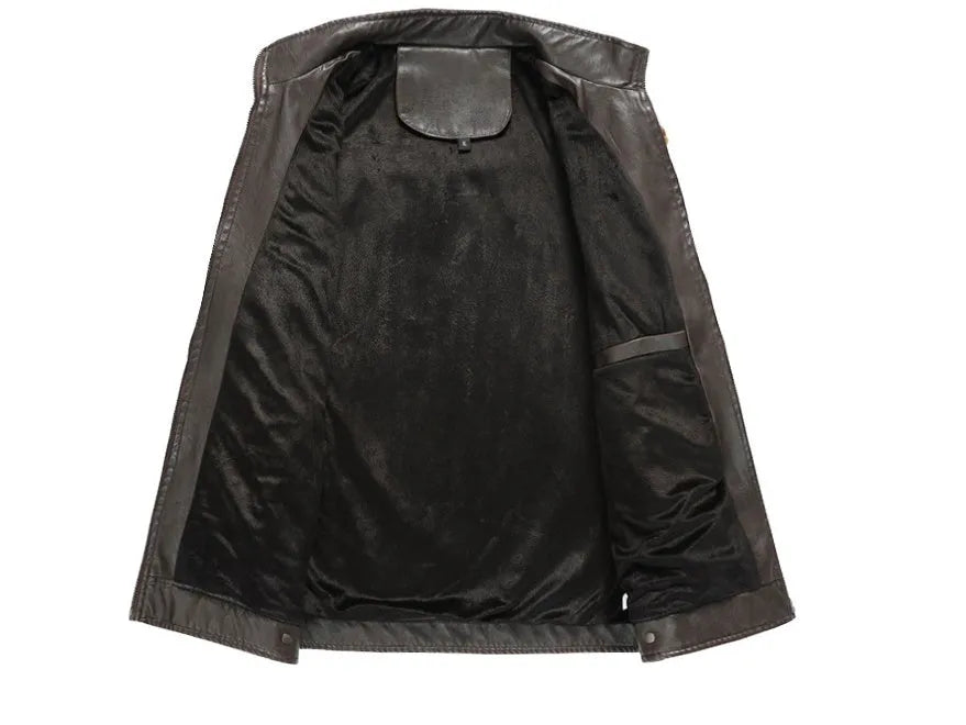 Washed PU leather biker jacket in Black, Coffee or Khaki, sizes L to 5XL with polyester lining