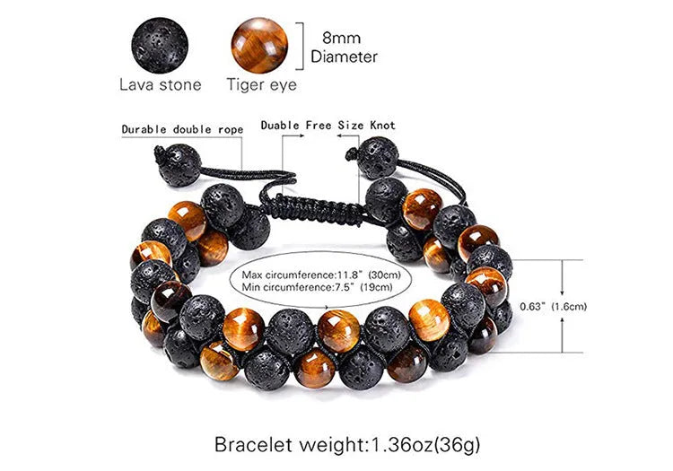 Matte black agate couple bracelets with geometric beads on wrist.