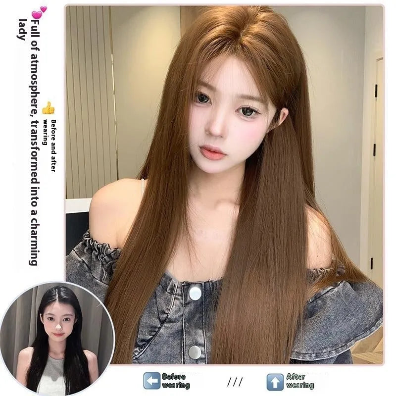 Warm brown synthetic lace front wig with centre part and long straight hair with side bangs