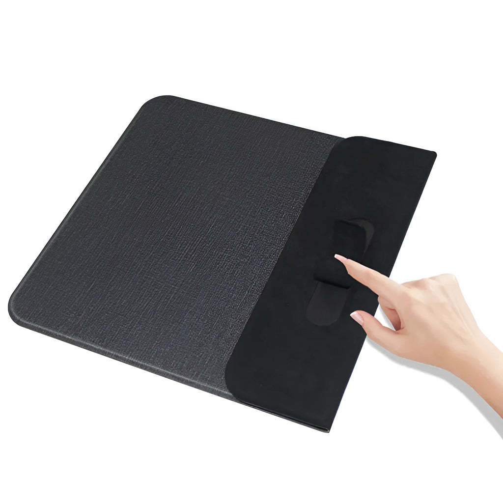 Foldable cloth phone holder with integrated wireless charging pad shown open and closed.