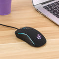 Black wired ergonomic gaming mouse with seven buttons, four-way scroll wheel, and USB cable on a desk