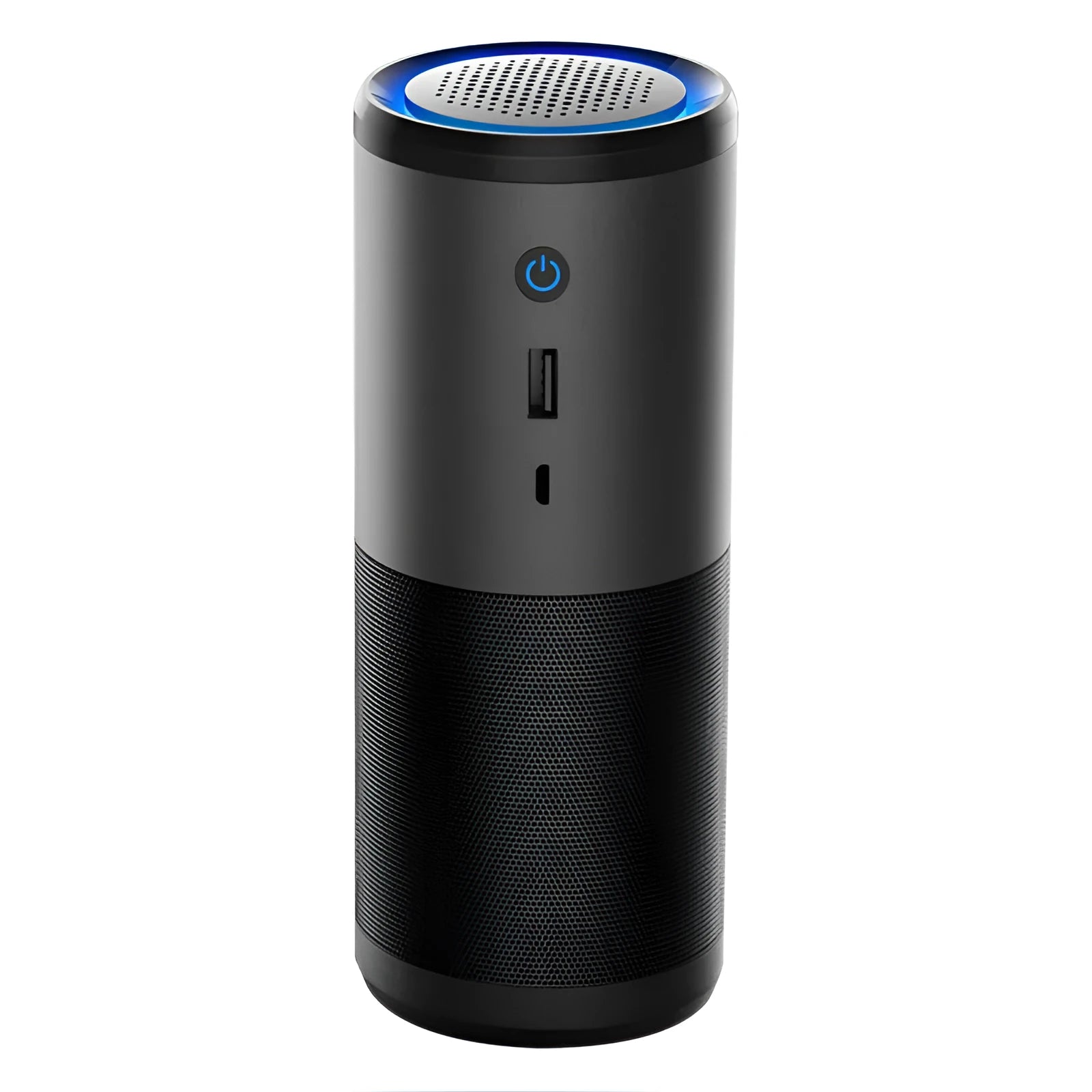Black portable mini car air purifier with smart sensor display on a metal body