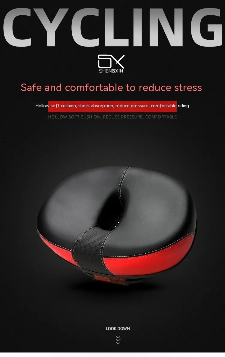 Large 210x270mm mountain bike saddle with thickened rubber ball cushioning in red colour with reflective sticker