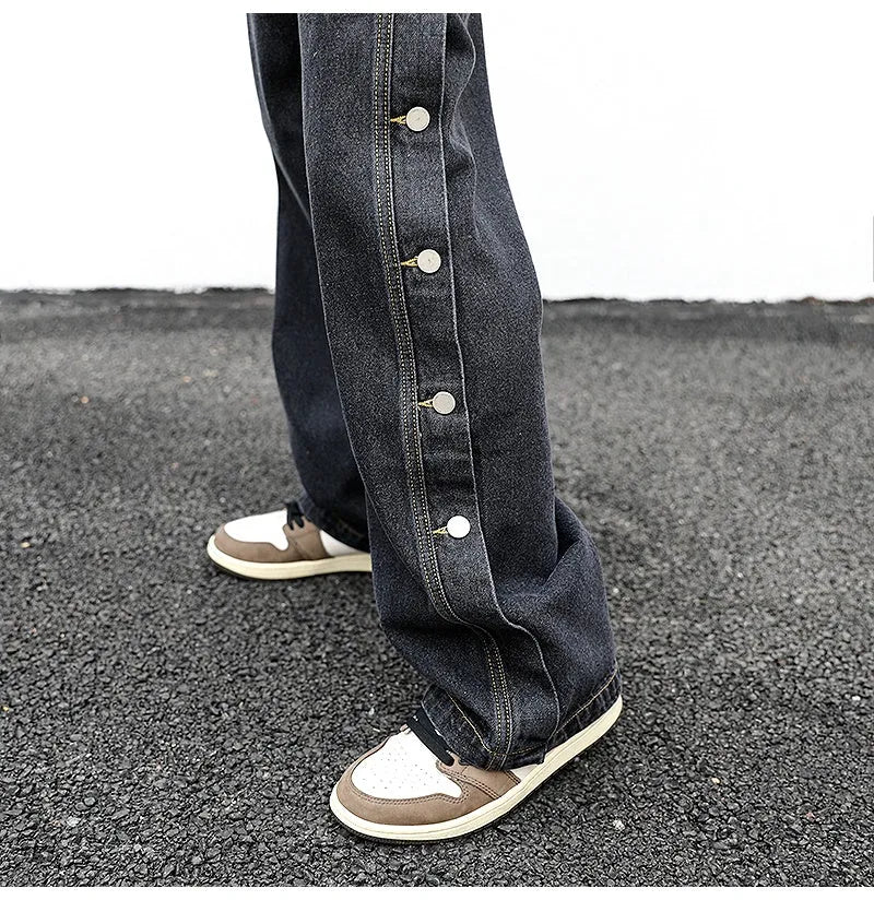 Women's straight loose jeans in black cotton with zip fly, mid-low waist, sizes M L XL
